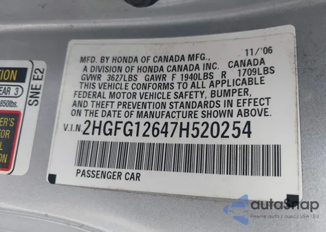 2007 Honda Civic Lx from USA, damaged, VIN 2HGFG12647H520254